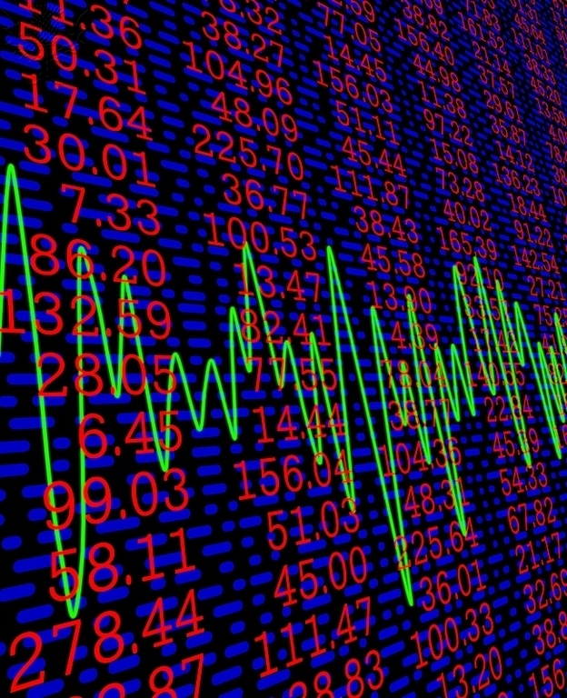 A screen showing several columns of numbers indicating the current values of stocks
