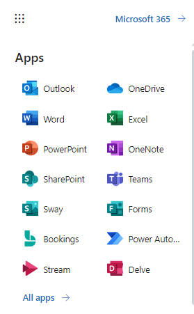 An expanded menu showing Microsoft app icons.