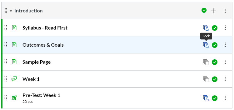 A list of items in a Canvas module, some  showing a lock icon.