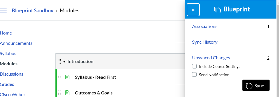 A popup menu with syncing options in Canvas.