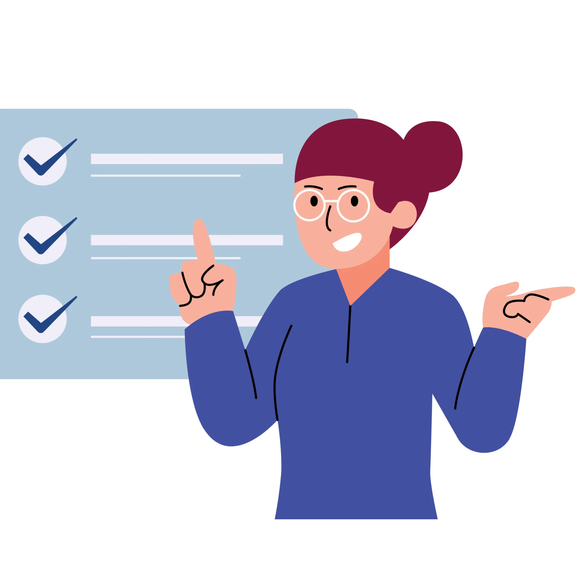 Clip art of a woman standing in front of a check list and pointing to the check marks