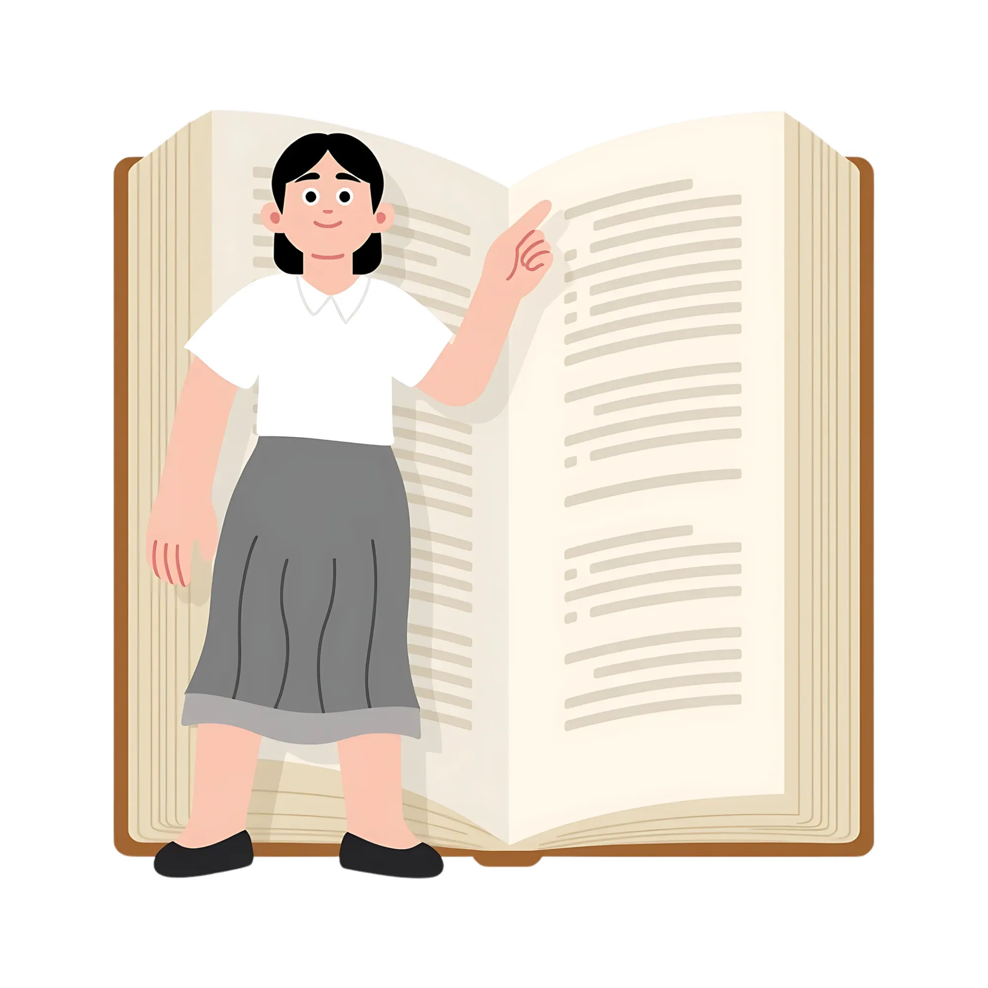 Clip art of a woman standing in front of an open book and pointing to the page